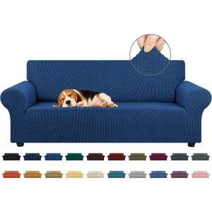 KEKUOU Stretch Sofa Cover Slipcover ，Couch Covers for 3 Cushion Couch Sofa pet Friendly (78"-94") Furniture Protector Sofa with Elastic Bottom for Kids,Dog, Jacquard Small Checked(Large,Classic Blue)