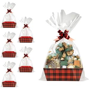 Basket For Gifts Empty, 5 PCS Sturdy Diy Bulk Gift Basket Kraft Market Tray Cardboard Basket With Handles, Gift Baskets Kit Supplies Wrap To Fill For Valentines Christmas Weddings Anniversaries (Red and Black Plaid)