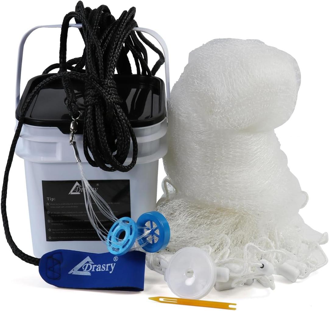 Drasry Saltwater Fishing Cast Net 3/8 and 1/4 Mesh with Heavy Duty Gray Sinker American Monofilament Fish Throw Net for Bait Trap 3FT 4FT 5FT 6FT 7FT 8FT 9FT Radius