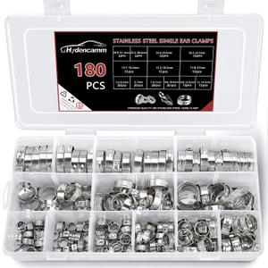 180PCS 13 Sizes Single Ear Hose Clamps, 5.3-31.1mm 304 Stainless Steel Single Ear Hose Clamp Kit, Cinch Clamp Rings Assortment Kit For Securing Pipe Hoses and Automotive Use
