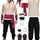 11 Pcs Adult Pirate Costume Men Renaissance Medieval Shirt Ankle Banded Pants with Viking Accessories Beard Arm Guard, medium