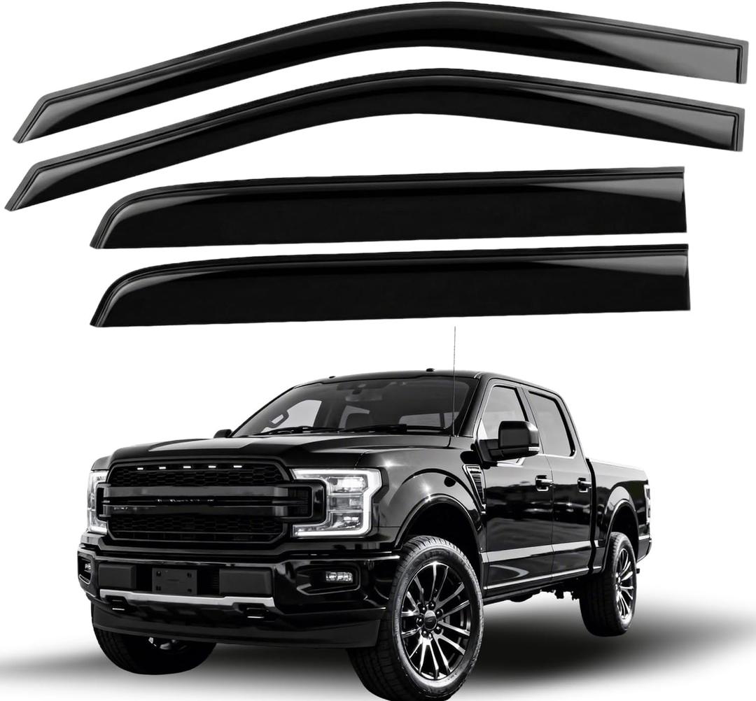 Low Profile Window Rain Guards Compatible with 20152026 F150 20172024 Raptor Crew Cab, Outside Mount Vent Deflectors, Tinted Acrylic Wind Rain Shield, 4-Piece Set