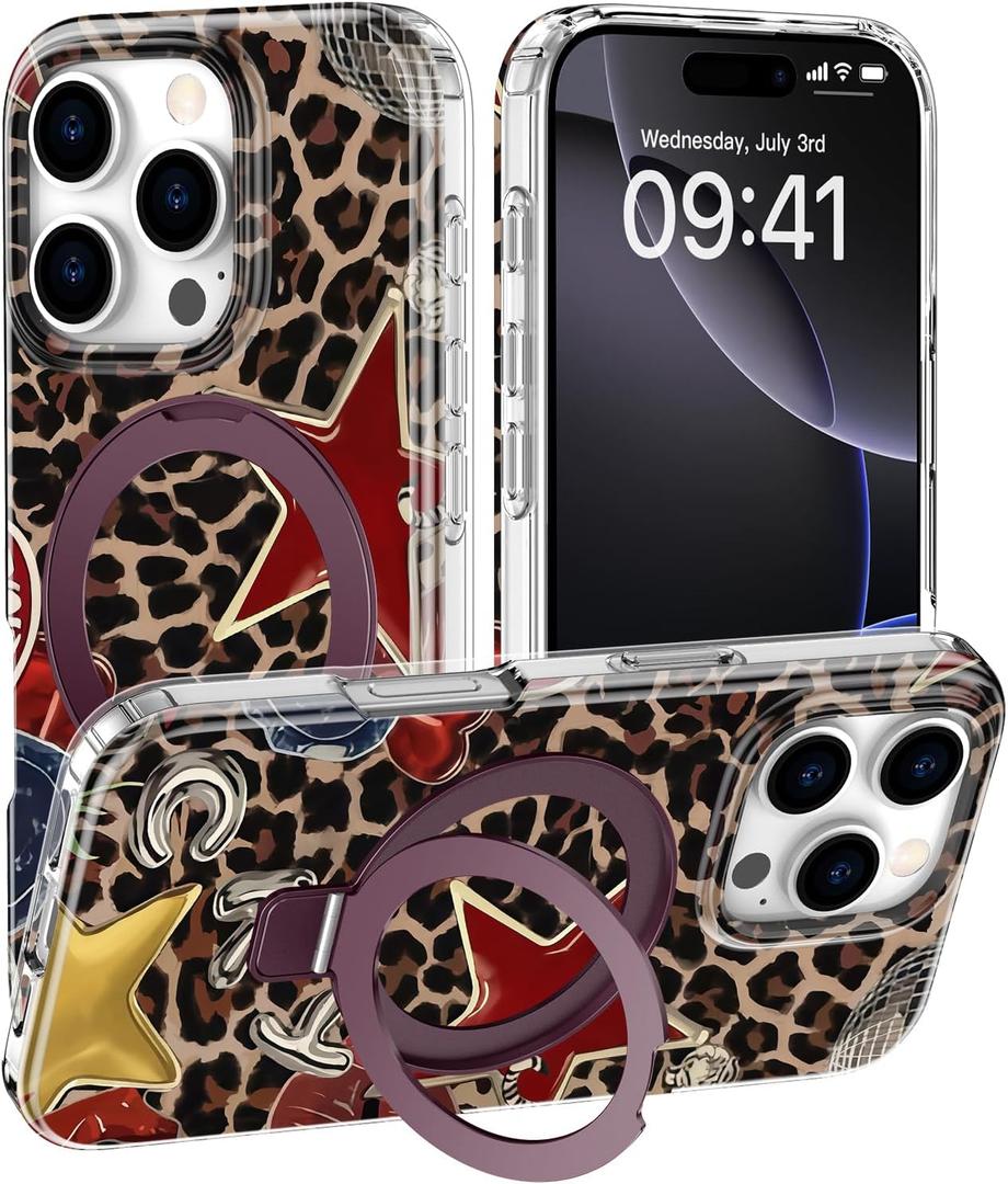 DEENAKIN for iPhone 16 Pro Max Case - Wireless Charging Compatible - Integrated Multi-Functional Kickstand - Protective Phone Case with Trendy Cute Designs for Women - Sexy Leopard-Print