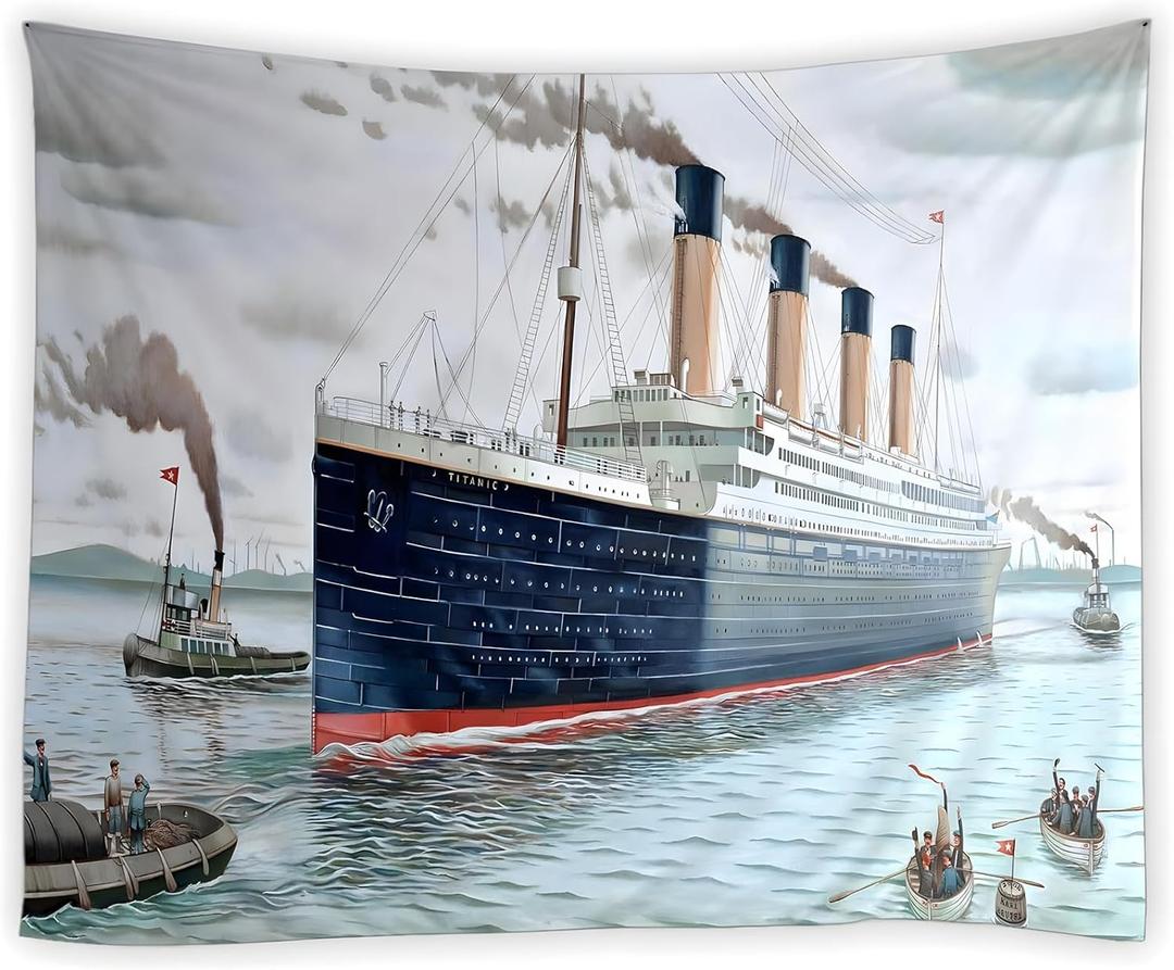 Nautical Tapestry Wall Hanging Vintage Classic Titanic Ship Ocean Scenery Watercolor Art Wall Hanging Tapestries Decor Bedroom Living Room Dorm Polyester Fabric 59.1 Inch W x 51.2 Inch L