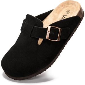 Suede Clogs Potato Shoes Cork Footbed Sandals Comfort Mules with Arch Support Slip On Slippers (7, Black)
