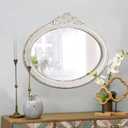 Rustic Oval Mirrors for Wall 18 X 24 Inch, Hanging Distressed White Oval Mirror Bathroom, Wooden Framed Farmhouse Mirrors for Wall Decor, Vintage Mirror with Carved Flower for Entryway