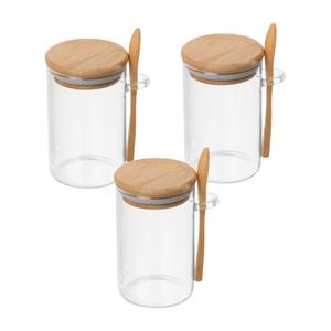 3 Pcs Glass Containers with Bamboo Lids and 2 Spoons - 10 oz Glass Jars with Wooden Lids Hold Coffee, Tea, Candy, Herbs