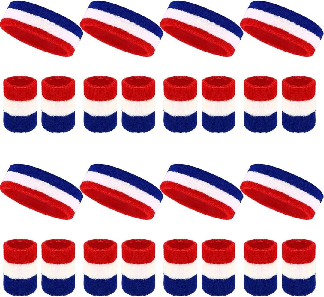 24 Pcs Neon Sweatbands Set Include 8 Pcs Sports Headband and 16 Pcs Cotton Wristbands 80s Neon Sweat Bands Bulk for Gym, Tennis, Basketball, Running, Exercise (Red Blue White)