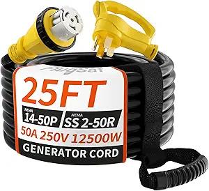 PlugSaf 50 Amp Generator Cord, 25FT 50 Amp RV Extension Cord with Twist Lock, Generator Cable 50A 4 Prong Yellow, NEMA 1450P/SS250R Heavy Duty STW Wire for RV Camper & House