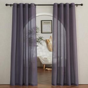NICETOWN Flax Linen Sheer Curtains for Living Room, Grommet Vertical Semi Sheer Curtains Privacy Drapes with Light Filter for Villa/Cottage, W52 x L84, Purple Brown, 1 Pair