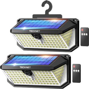 TECKNET 546 LED Motion Sensor Outdoor Lights with Remote Control & Hook,7500LM Solar Lights Outdoor with 2200mAh & IP66 Waterproof, 300 Angle & 3 Modes, Solar Lights for Patio Fence Garage 2 Pack
