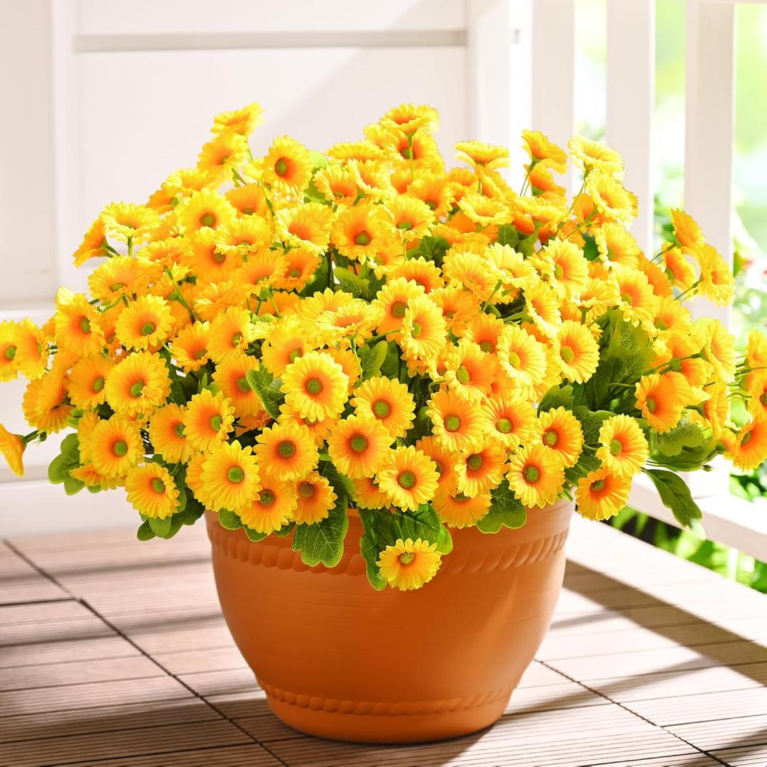Waipfaru Artificial Flowers for Outdoors Faux Plants, UV Resistant Artificial Outdoor Flowers, Yellow Silk Daisy Realistic Fake Mums Flower for Front Porch Spring Home Planter Patio Decor, 6 Bundles