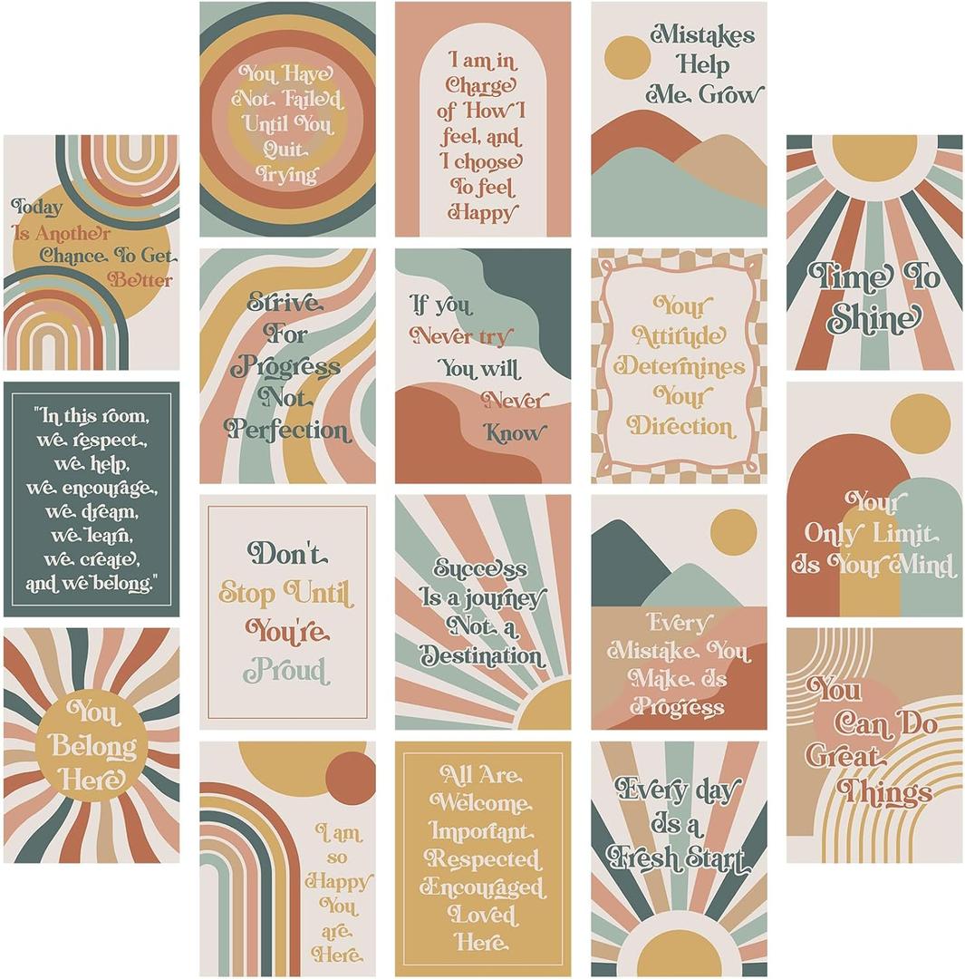 Fuyoooo 20 Pcs Boho Growth Mindset Posters for Classroom Decor Rainbow Motivational Posters Back to School Inspirational Bulletin Board Wall Decor for First Day of Preschool Elementary Middle School