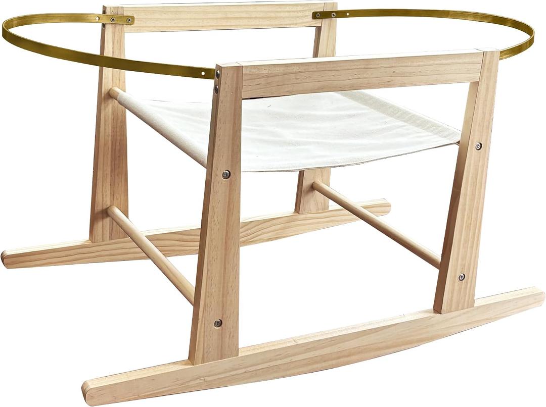 Calvana 2026 Pro Wooden Rocking Moses Basket Stand for Baby, Natural Wood Stand with Locking Mechanism, Adjustable Safety Strap, Fits Most Moses Baskets, Basket Not Included