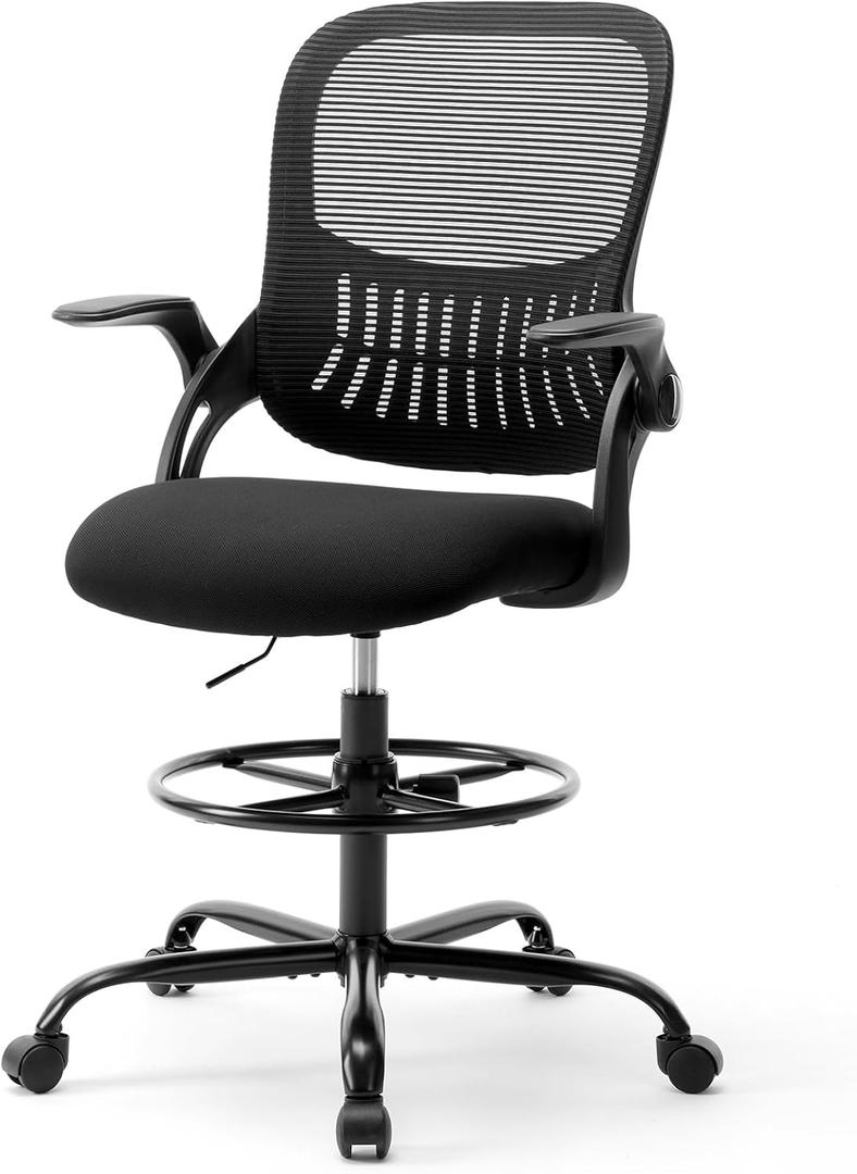 DUMOS Drafting Chair with Flip-up Arms, Tall Office Standing Desk Chair with 360 Rolling Chair, Counter Height Adjustable Ergonomic Mesh Computer Chair, New Black