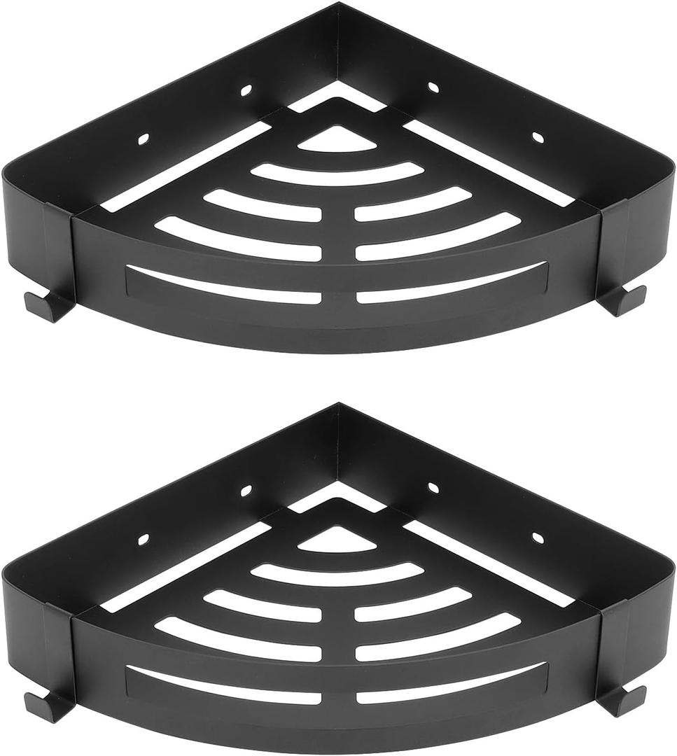 NearMoon Bathroom Corner Shelf Shower Caddy 2 Pack, No Drill 304 Stainless Steel Shower Organizer with 2 Hooks (Matte Black)