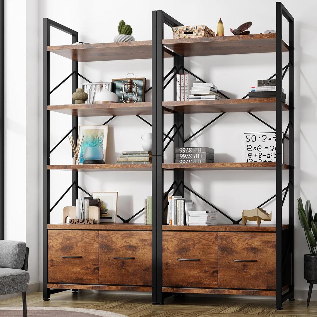 Shintenchi Book Shelf,2 Pieces Tall Bookshelf with Drawer, 5 Tier Industrial Open Standing Bookcase,Freestanding Wooden Display Shelves Storage Organizer,Rustic Brown