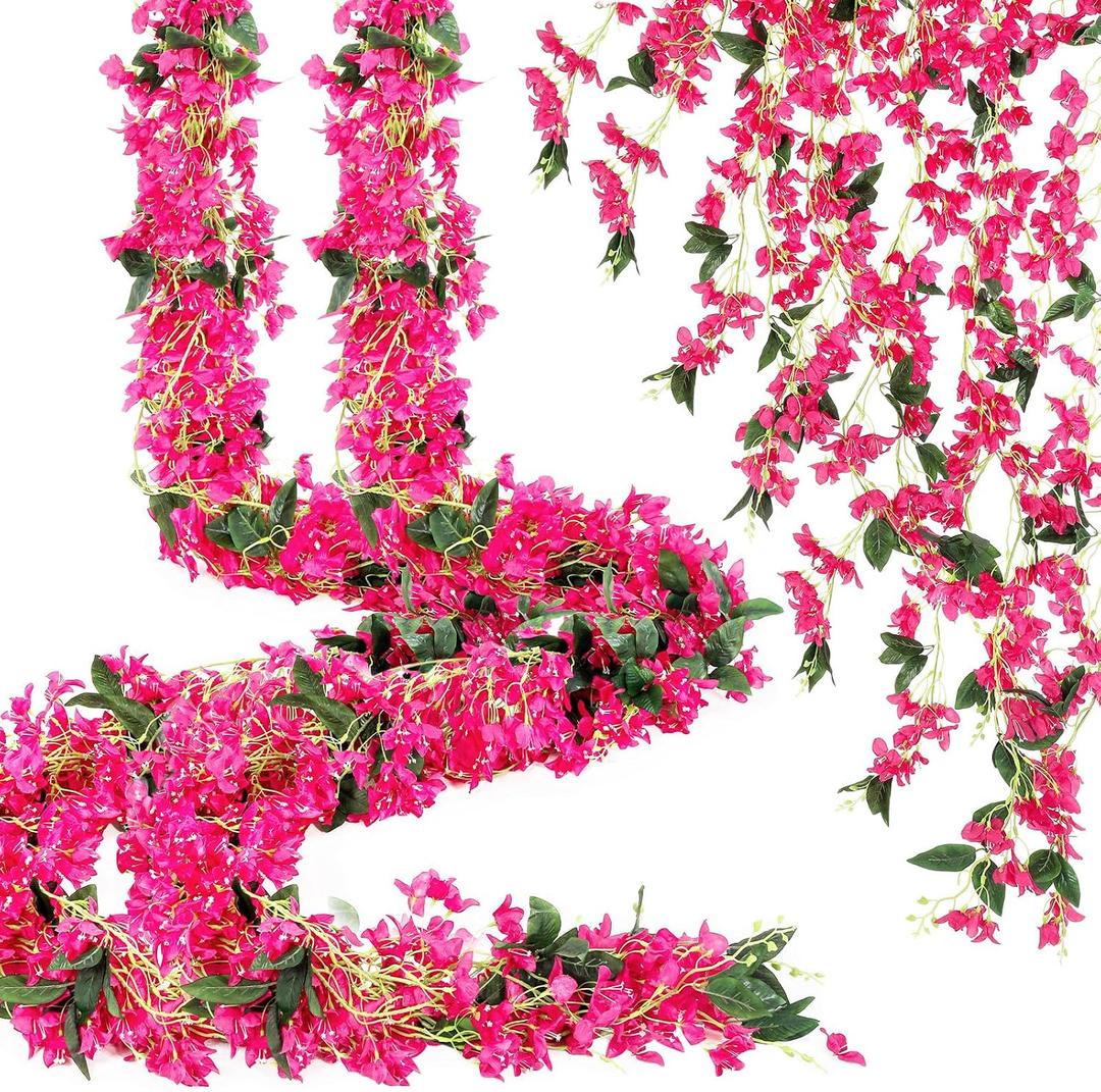 Thiccywoov 24 Pcs 70.8" Artificial Bougainvillea Flowers Garland Totally 141.4 ft Fake Silk Bougainvillea Vines Long Plant Faux Wreaths for Centerpieces Runner Wedding Arch Wall (Rose Red), 5.9 Ft