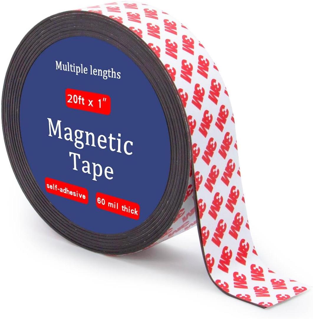 Magnetic Tape Roll with Self Adhesive Backing, (1 in Wide x 20 ft Long) Flexible Sticky Magnet Strips for Kitchen, Garage Whiteboards and Fridge Organization
