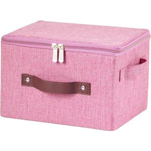 Storage Bins with Zipper Lid Cotton Linen Fabric Lidded Storage Baskets Boxes Foldable Washable Closet Shelf Clothes Organizer Container with PU Leather Handles (Pink, Small)