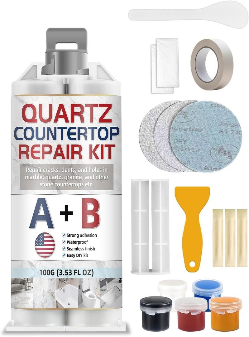 Quartz Countertop Repair Kit, Marble Repair Kit, Strong Bond, Seamless Finish for Granite Repair, Ideal for Mable, Porcelain, Tile, Sink Crack, Chip Scratch, Hole, 100g