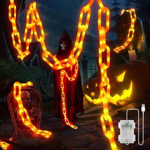 Halloween Decorations Chain Lights,10.4 Ft 175 LED Plastic Chain String Lights Battery Operated and USB,8 Lighting Modes Orange Light with Timer for Halloween Skeleton Dog Party Spooky Outdoor