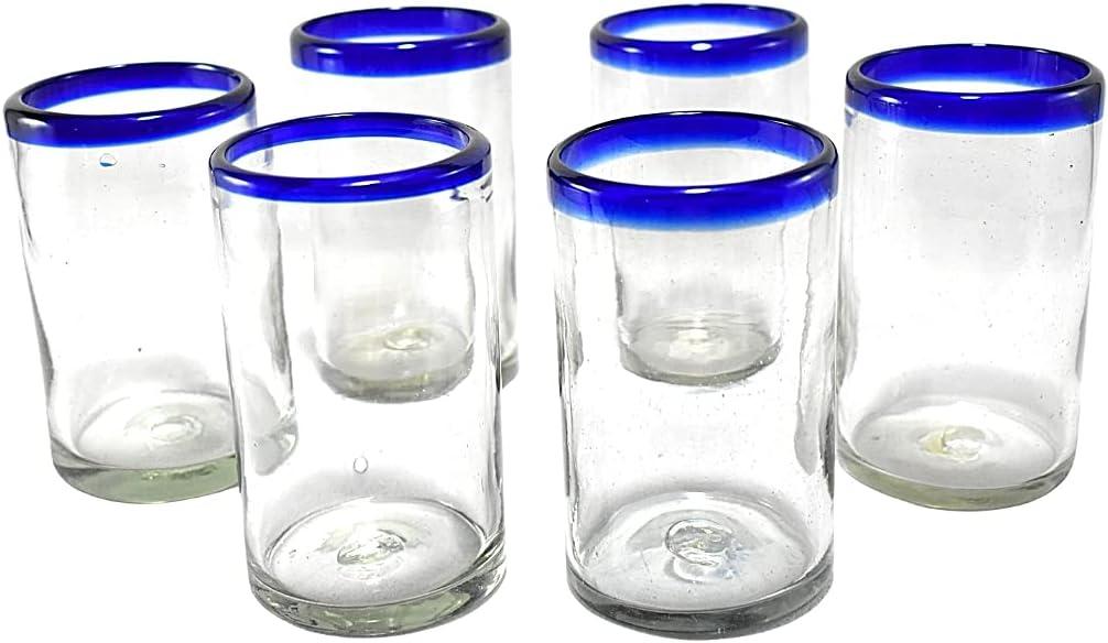 MAREY Hand Blown Drinking Glasses Artisan Crafted from Mexico Set of 6 pieces (Cobalt Blue Rim, Water 16 Oz.)