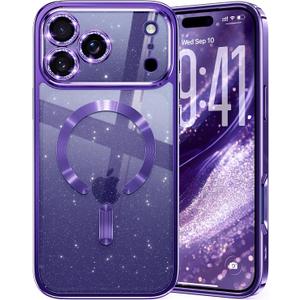 Glitter for iPhone 17 Pro Case with Eye-catching Integrated Lens Protection, [Sparkly Bling Back Panel] [Seamless Work with Magsafe] Cute Women Girly Magnetic Phone Case for iPhone 17 Pro 6.3" Purple
