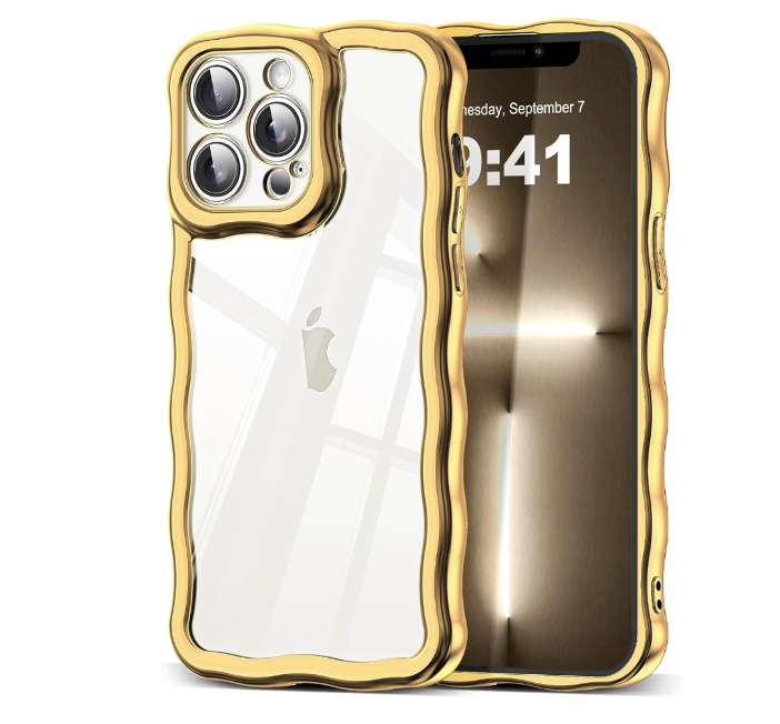 SKYLMW Compatible with iPhone 13 Pro Max Case, Kawaii Cute Curly Wave Frame Luxury Plating Edge, Stylish Glossy Clear Back, Soft TPU Shockproof Protective Cases for iPhone 13 Pro Max, Gold