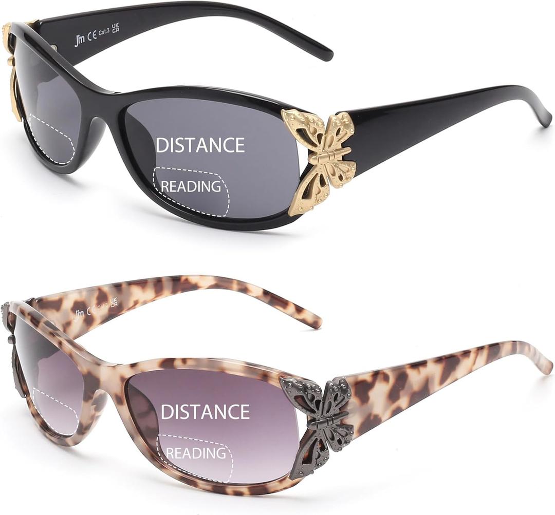 JM 2 Pack Bifocal Reading Sunglasses for Women Fashion Sun Readers Outdoor Reading Glasses UV400 Protection (Black & Grey Tortoise)