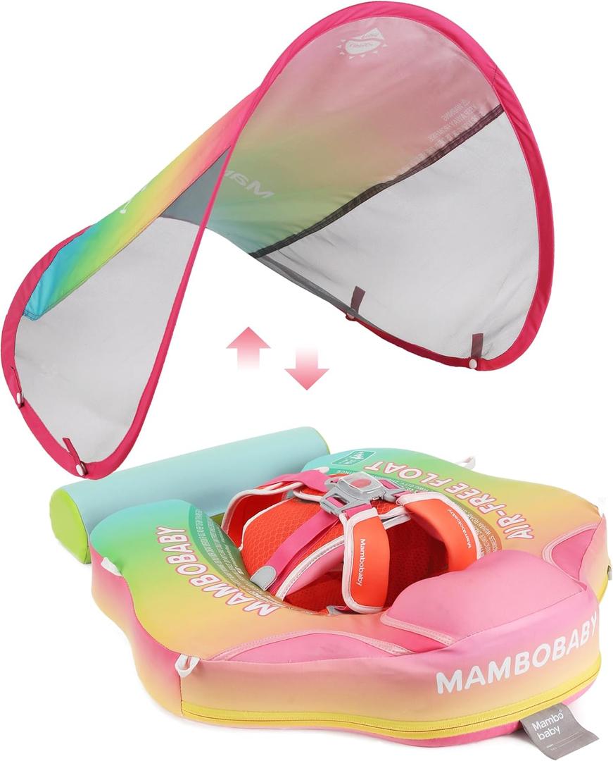 Mambobaby Baby Swim Float with Tail & UPF Sun Canopy Rainbow