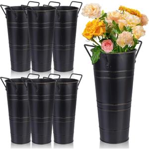 Dualshine 6 Pcs Galvanized Bucket Flower Bar, 10 Inch Metal Vase with Handles, Farmhouse Vases for Wedding and Cut Flower, Balcony Garden (Black)