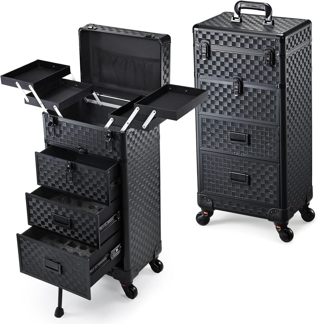 Stagiant Rolling Makeup Case with Drawers Cosmetology Case on Wheels 4 IN 1 Makeup Case 3 Drawers with Foot Stand Spring-release Mechanism Rolling Make Up Organizer for Artist Salon Nail Teach Trunk