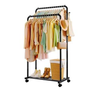 Sakugi Clothes Rack - Double Rods Clothing Rack with Mesh Shelf, Hooks & Wheels, Metal Clothing Racks for Hanging Clothes & Bags, Multifunctional Garment Rack for Laundry, Black, 28.7" x 16.5" x 59.1"
