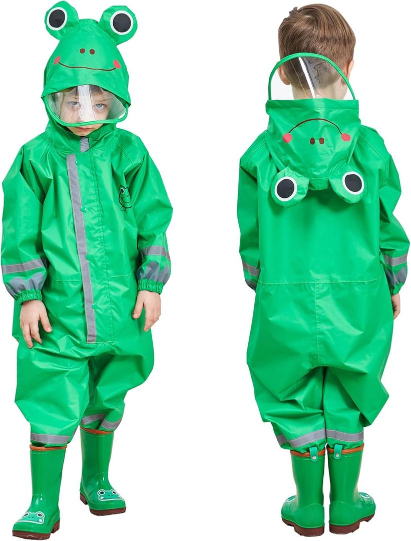 SSAWcasa Toddler Rain Suit, Kids Muddy Play Buddies One Piece Hoodie Rain Jacket Coat Poncho Gear Coverall Baby Girl Boy (Green, S)