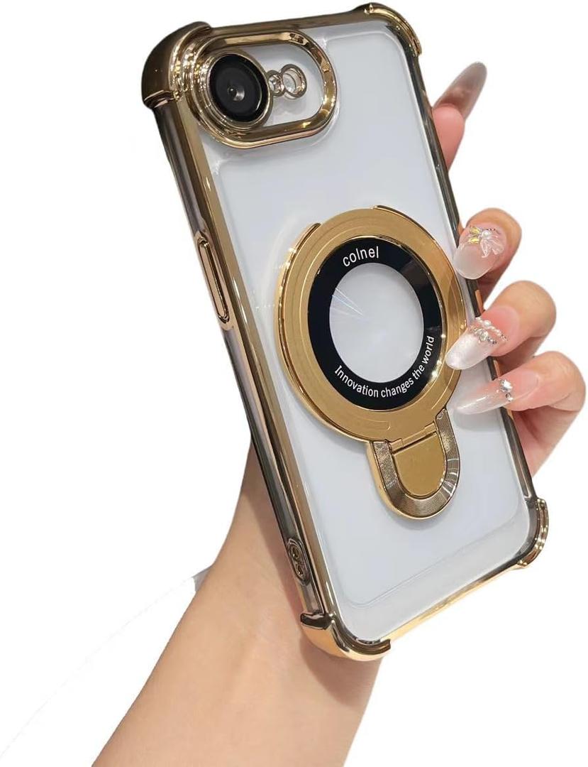 Clear case for Phone 16E with Full Camera Lens Protection(Compatible with Mag-Safe),Military Shockproof Electroplate Bumper Slim Cover Built-in Invisible Ring Stand-Gold