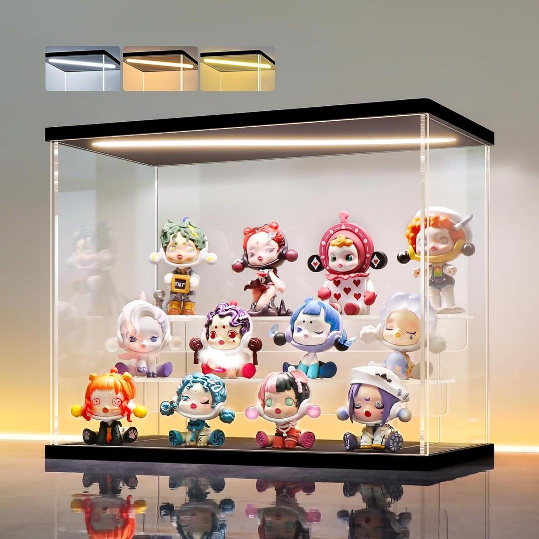 LANSCOERY LED Lighted Acrylic Display Case, 3 Tier Display Box for Collectibles and Action Figures, Clear Dustproof Organizer with Black Base  11.8x6.3x9.4inch