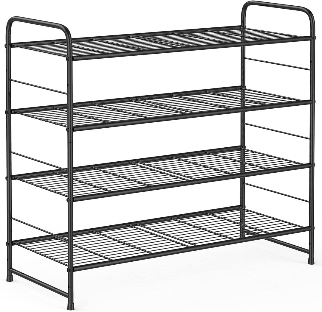 Coonoor 4 Tier Shoe Rack,Stackable and Adjustable Multi-Function Wire Grid Shoe Organizer Storage,Black