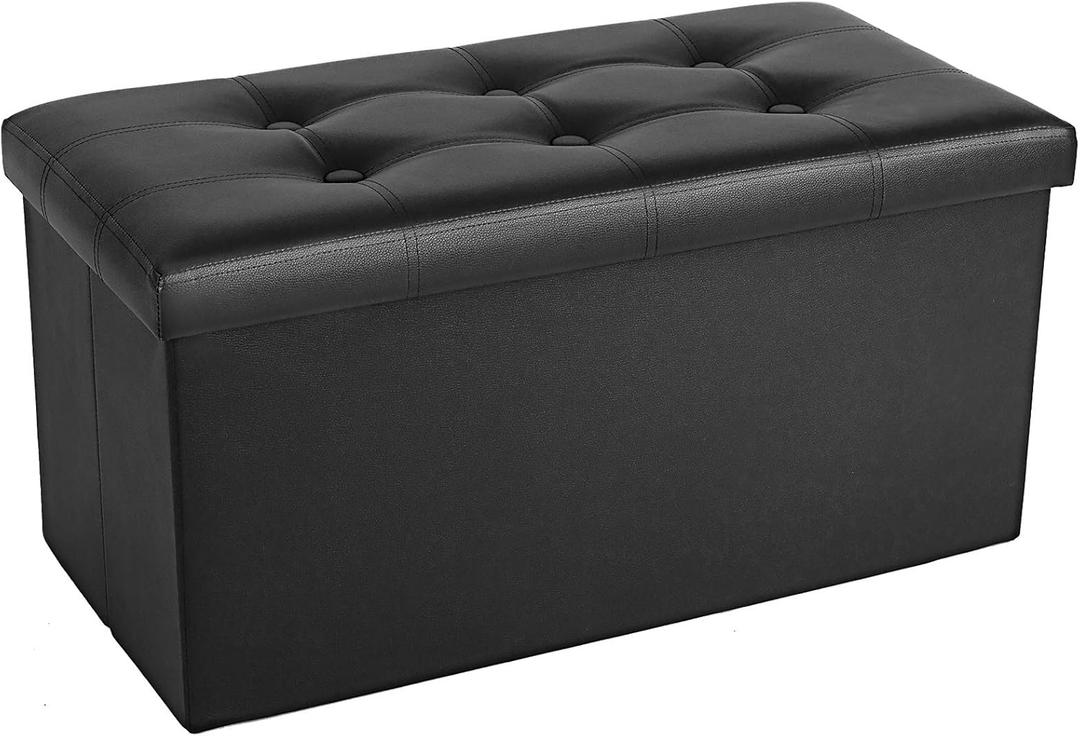COSYLAND Ottoman Bench with Storage - 30x15x15in Folding Leather Ottoman, Rectangle Foot Stool Foldable Storage Chest Footrest Footstool Collapsible with Lid for Bedroom Living Room Black