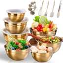 7 Pack Gold Mixing Bowls Set with 5 PCS Kitchen Accessories, Stainless Steel Nesting Mixing Bowls with Airtight Lids, Baking, Prepping and Serving Food, Stackable Size 7, 3.6, 2.7, 2.1, 1.5, 1.1, 0.8QT