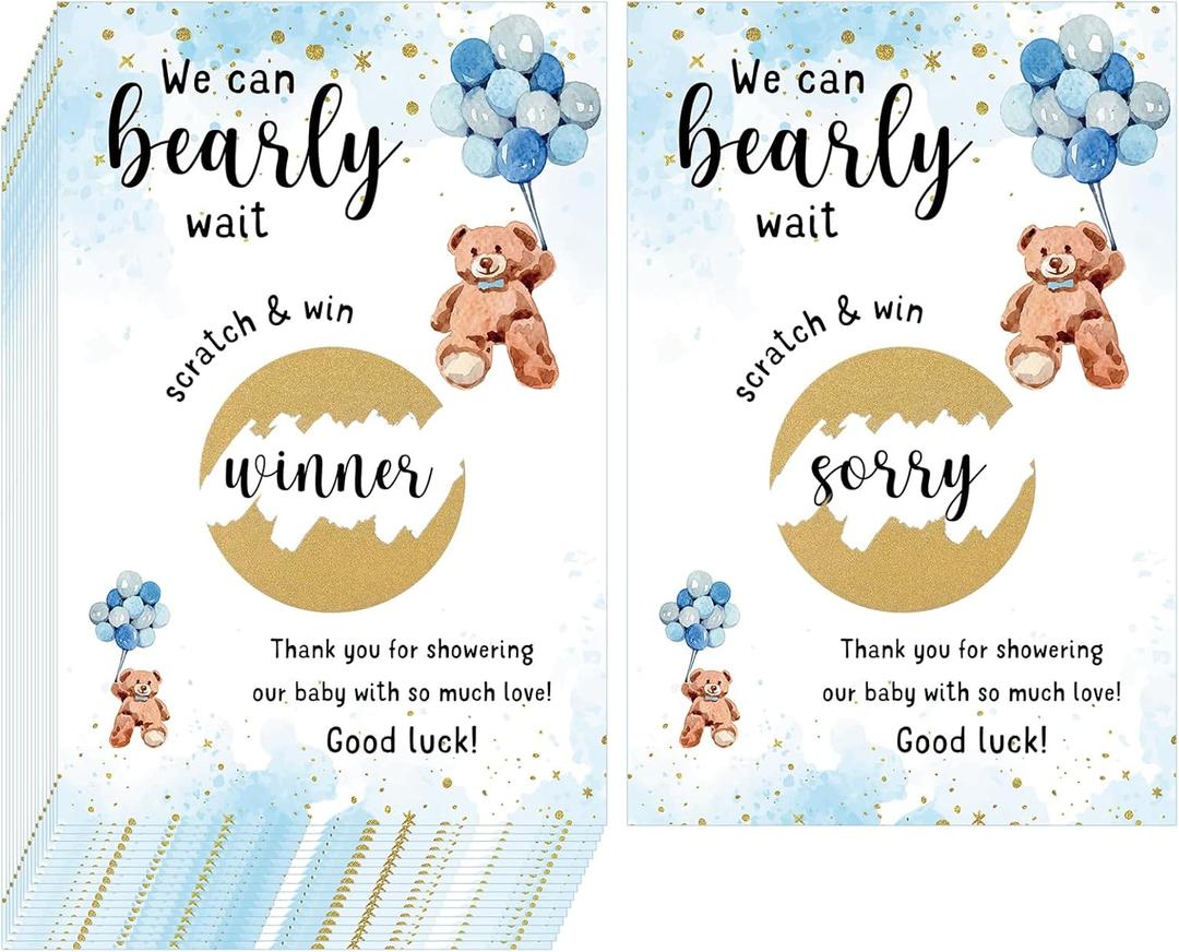 100 Pcs Bear Baby Shower Scratch off Cards for Guests We Can Bearly Wait Thank You Gender Reveal Game Raffle Cards for Boy Baby Shower Gender Reveal Party Supplies