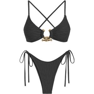 ZAFUL Women's Bikini Sets Ribbed Metal O Ring Criss Cross Two Piece Swimsuit Cheeky High Cut Side Tie Thong Bathing Suit (Black), S