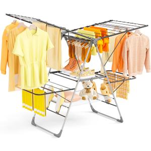 Clothes Drying Rack Foldable, 2-Tier Stainless Steel Heavy Duty Laundry Rack with Adjustable Height Wings, Sock Clips, Space Saving Drying Rack Clothing for Indoor & Outdoor, Apartment, Balcony