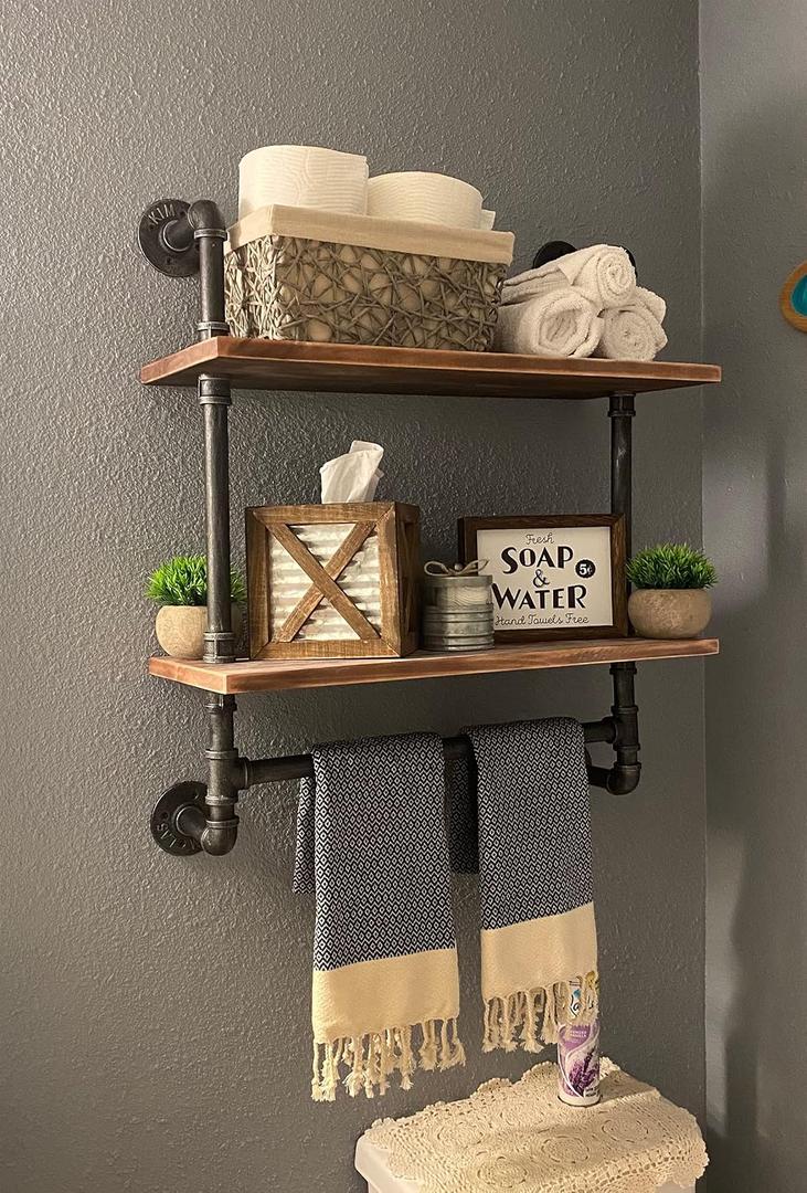 Industrial Pipe Shelving Bathroom Floating Shelves Wall Mounted, 2 Tier 24 inch Rustic Wood Shelf with Towel Bar, Farmhouse Towel Rack Bathroom Shelf Over Toilet, 9.8D x 24W x 29H in