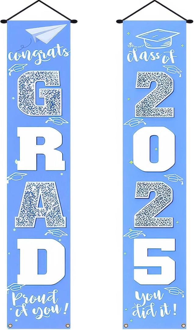 Graduation Decorations Graduation Banner 70x12 Inches Congrats Grad Banner Congrats Grad Class of 2025 with Graduation Caps and Stars Design for School Graduation Party Decor