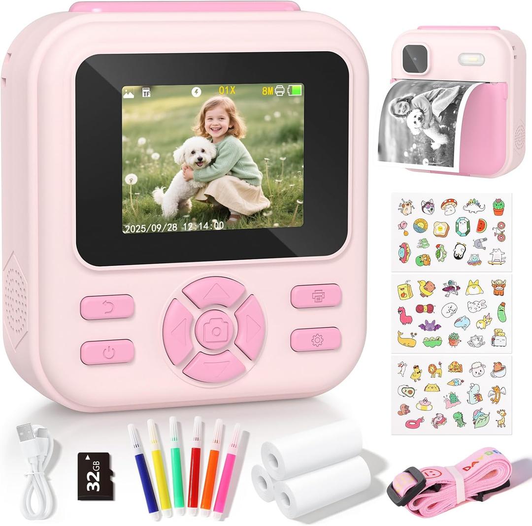 Kids Camera Instant Print, 1080P HD Digital Video Kids Instant Camera for Girl Boys, Toddler Toys for Children Age 3-12 with 3 Rolls Print Paper & 32G Card (Pink)