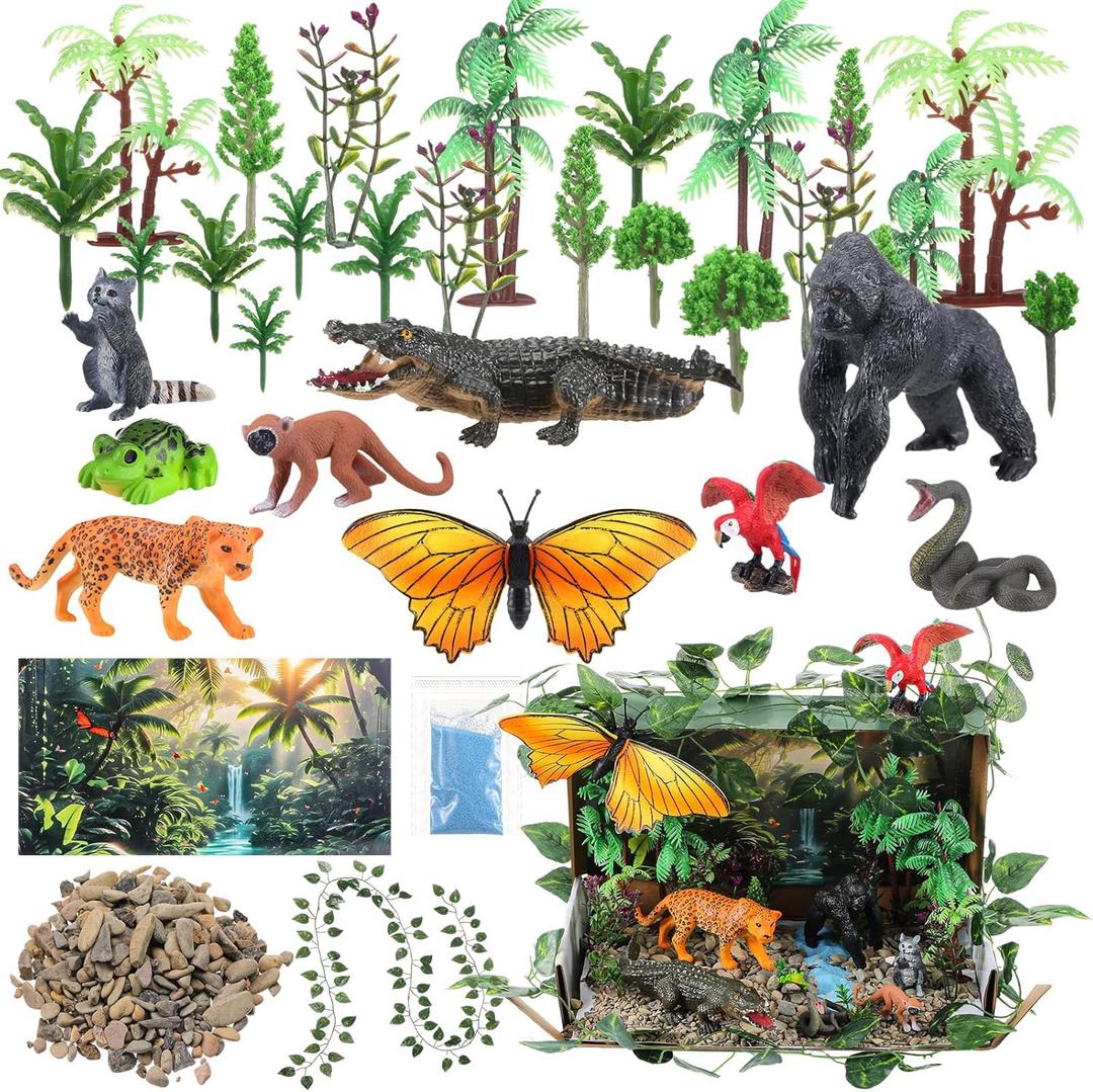 Teyva Daily 48 Pcs Rainforest Diorama Kit Habitat Project Box Set Rain Forest Diorama Supplies Include Rain Forest Animal Figures Artificial Trees Fake Rocks with Cardboard for DIY Crafts Gifts