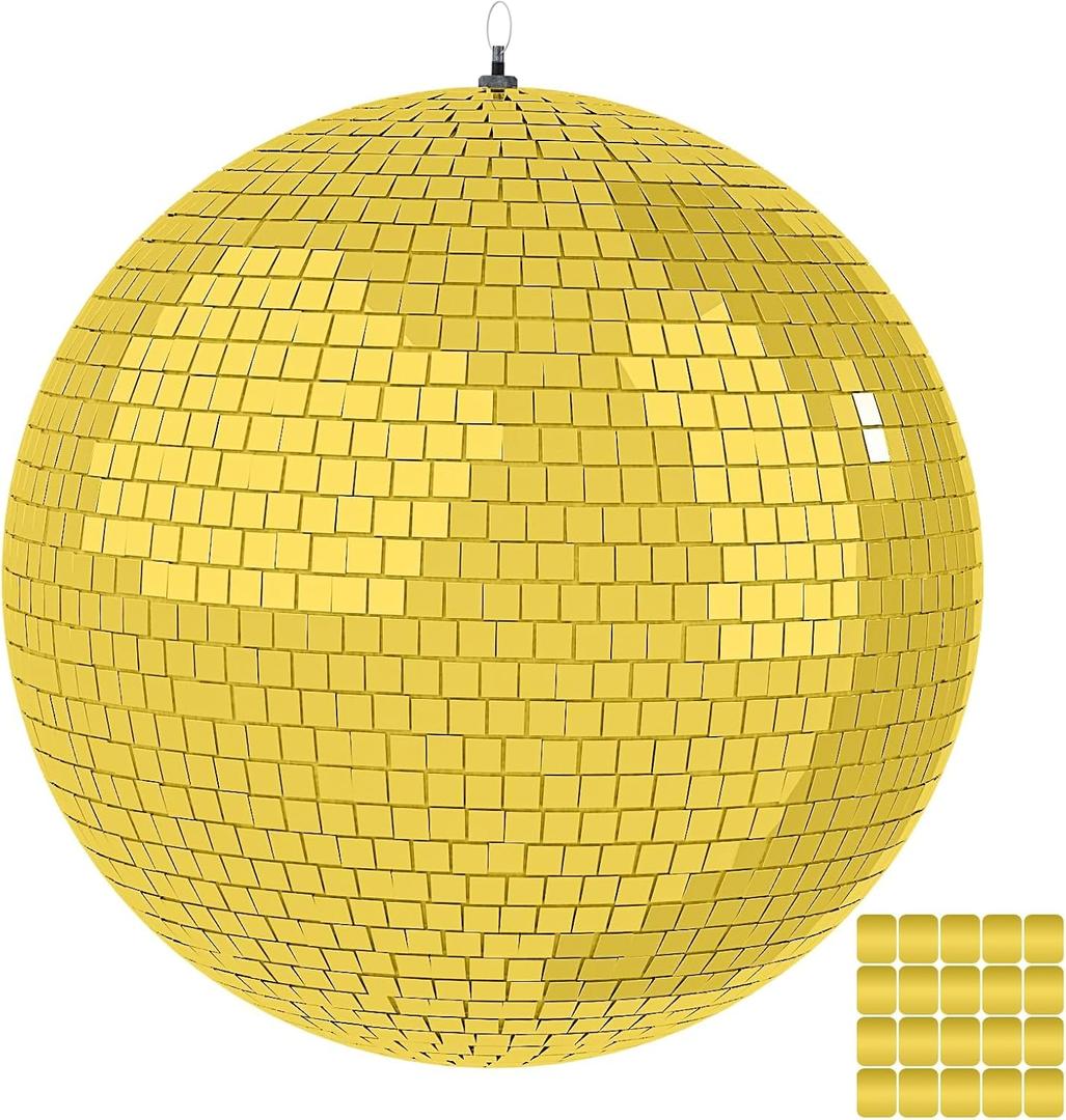 16 Inch Mirror Disco Ball lamp, Gold 16" Disco Ball Decor Hanging Disco Ball for Party Wedding Holiday Home Decoration, Replacement Mirror x 20pcs, Gold, 16inch