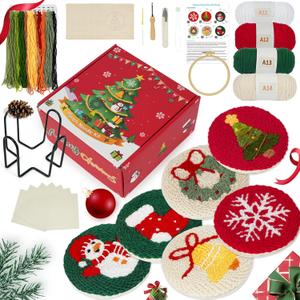 6PCS Christmas Punch Needle Kit, Punch Needle Embroidery Kit Coaster Kit for Beginners Adults Kids, with Instruction & Video Tutorial, Yarns, Hoop, Coaster Holder, Christmas Craft Art Gift