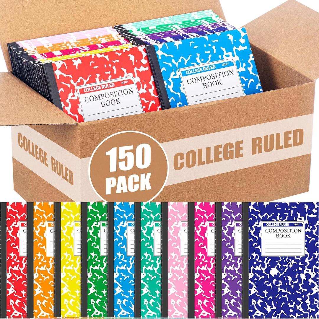 Fainne 150 Pack A5 Composition Notebooks Bulk Marble Cover Composition Notebooks College Notebooks Wide Ruled Notebooks for Students Classroom Office School Supplies(10 Color)